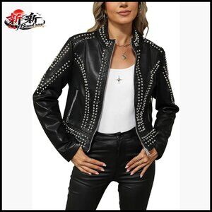 Faux Leather Moto Jacket with Studded Rivet Detail Stand Collar Coat